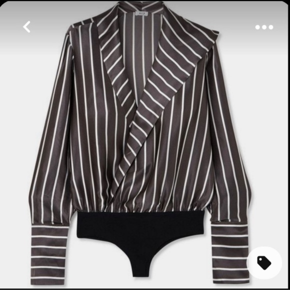 ALIX NYC Silky Long Sleeve Blouse Bodysuit Gray with White Stripes Size Small - Picture 2 of 8